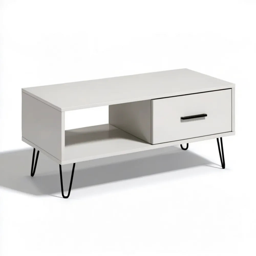 Biały prostokątny stolik kawowy MDF z szufladą, półką i czarnymi nogami 100 × 60 × 40 cm