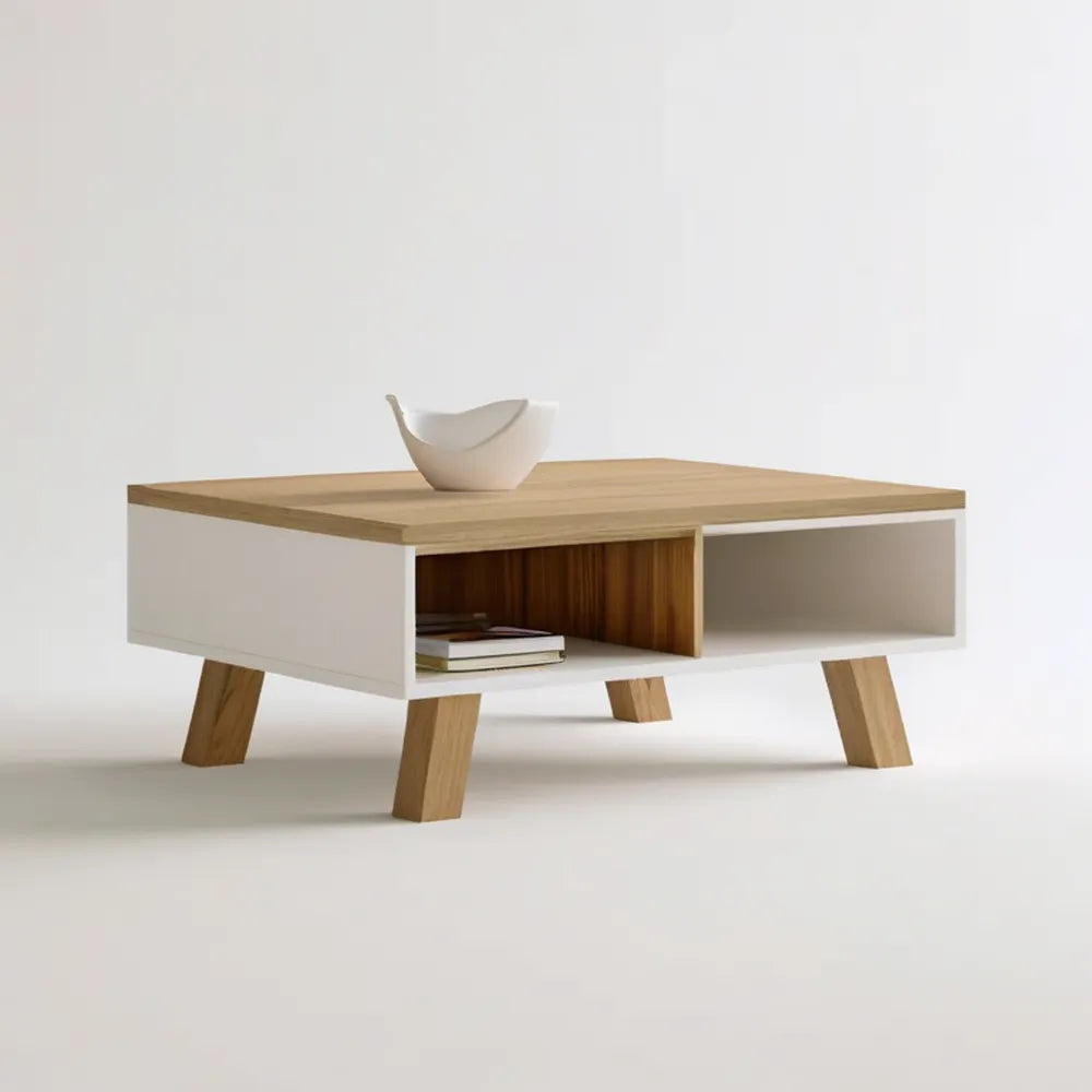 Prostokątny stolik kawowy MDF z nogami z litego dębu, biały i naturalny dąb, 120 x 60 x 45 cm