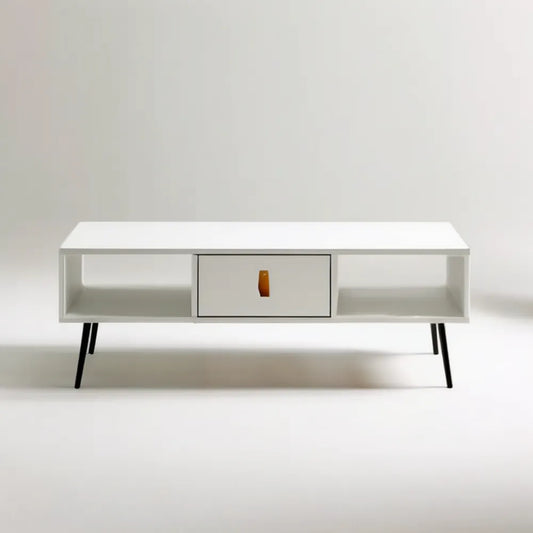 Biały stolik kawowy MDF z szafką i półkami, 120 x 40 x 45 cm