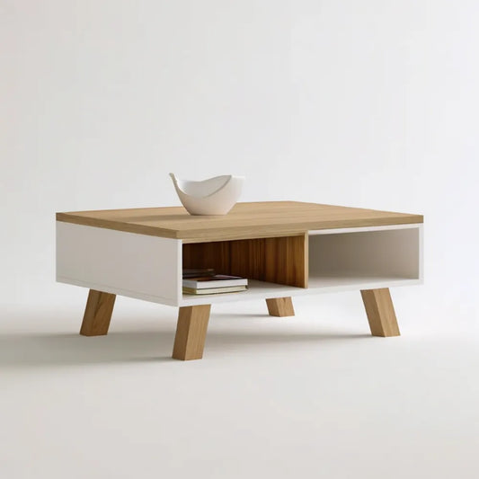 Prostokątny stolik kawowy MDF z nogami z litego dębu, biały i naturalny dąb, 120 x 60 x 45 cm